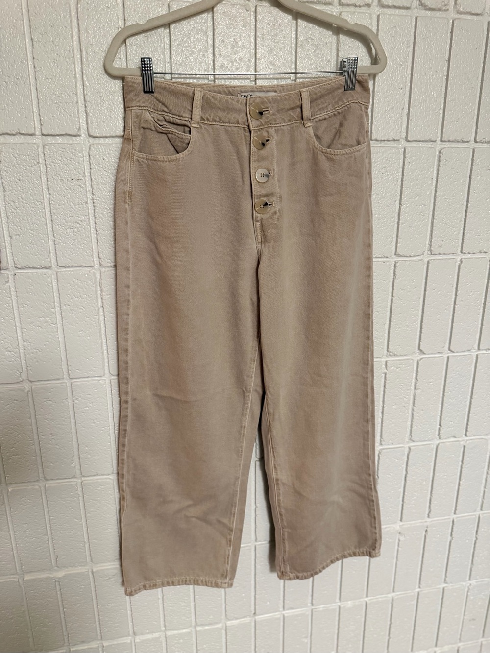 ZARA High-Rise Wide-Leg Women’s Pants in Light Tan Soft Denim
